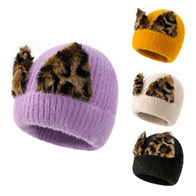 

2022 Fashion Leopard Print Cat Ear Skullies Beanies Winter Warm Knitted Hat Faux Fur Bonnets For Women Sombrero de leopardo