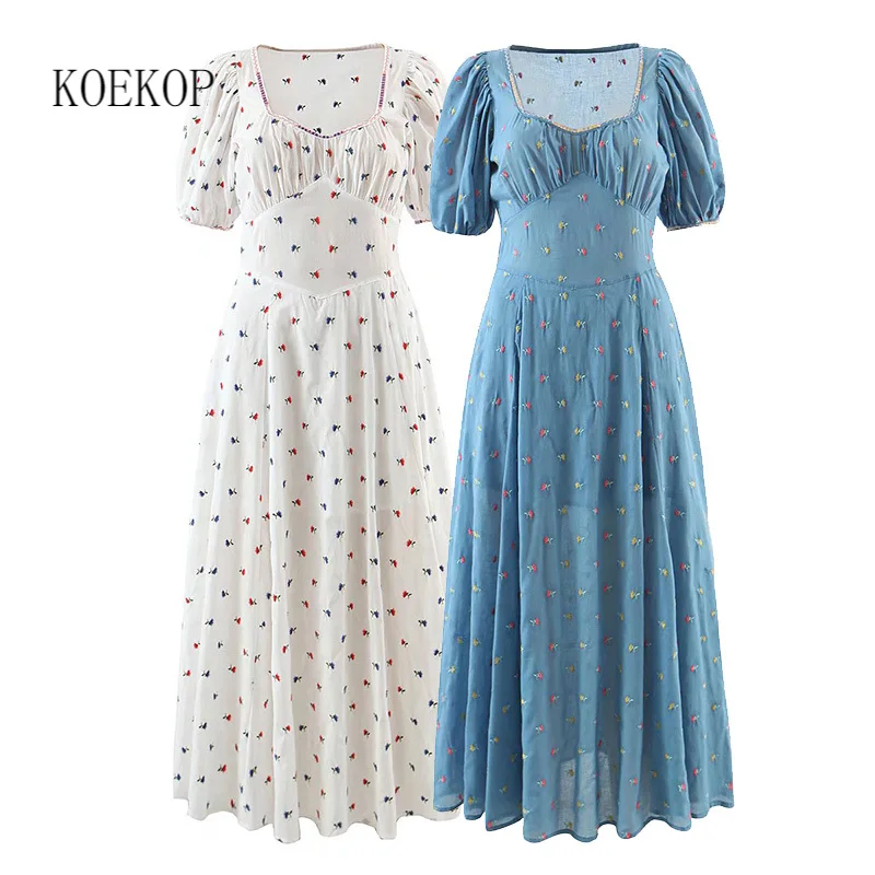 

Koekop Women Fashion Embroidery Side Zipper Midi Dress Casual Short Sleeve V-Neck Female Dresses
