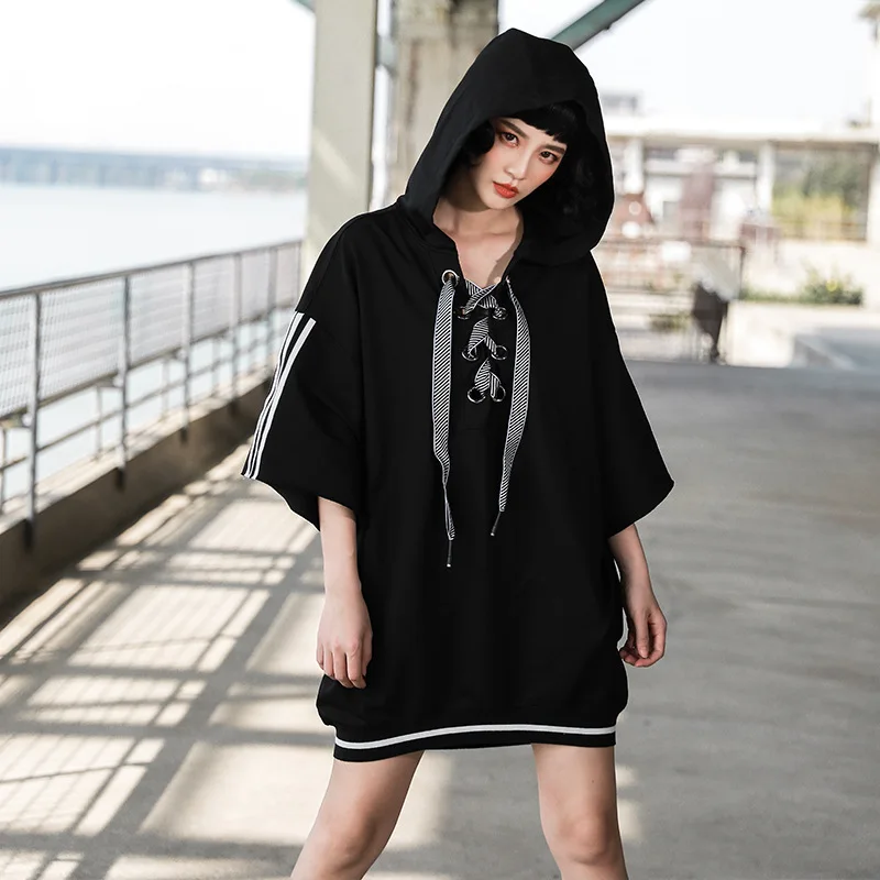 

Sweatshirt cool tide female dark bat sleeve mid-length drawstring hooded print 2020 summer thin mid-sleeved shirt