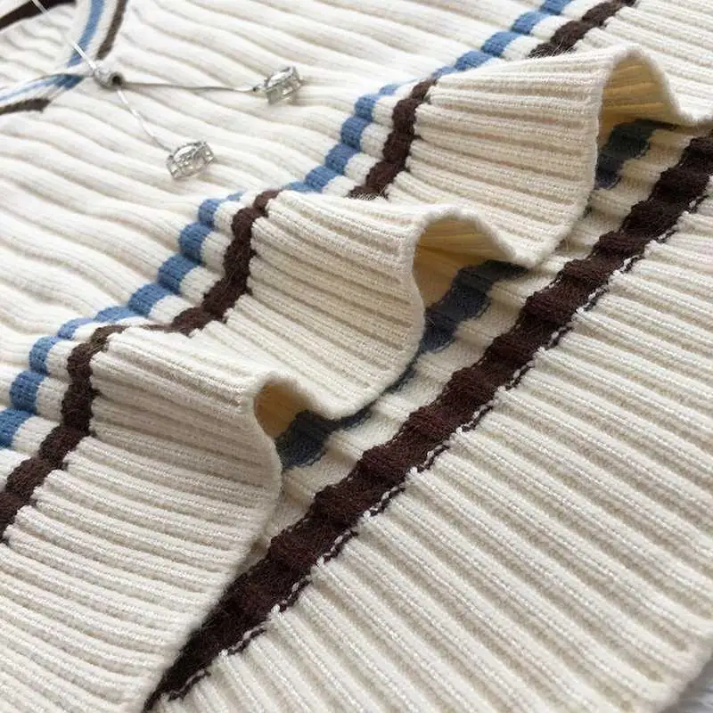 

Winter Fall New Women Vest V neck Sleeveless Sweater Pullover Vest Korean Style Casual Loose Stripe Kintted Vest Sleeveless Top