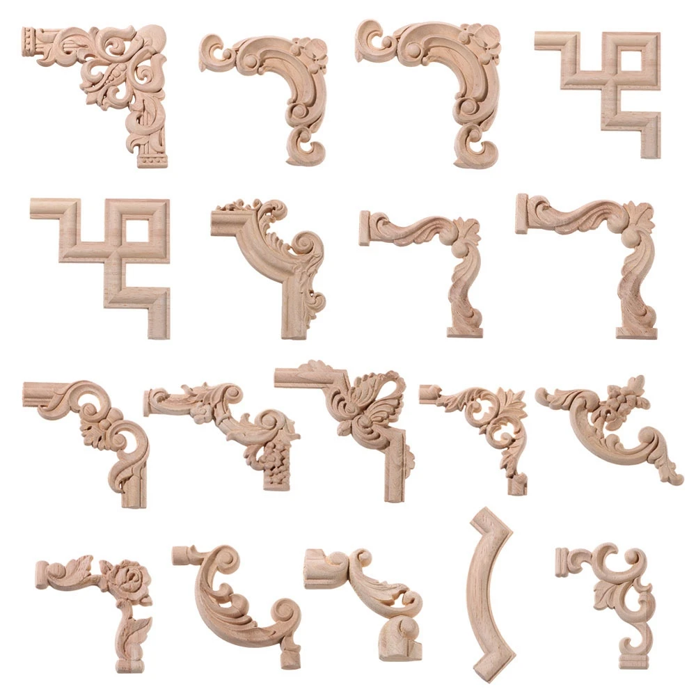 

New Door Decor Crafts Wooden Unpainted Oak Corner Applique Decorative Wood Appliques Onlay Decal Carved Wave Flower