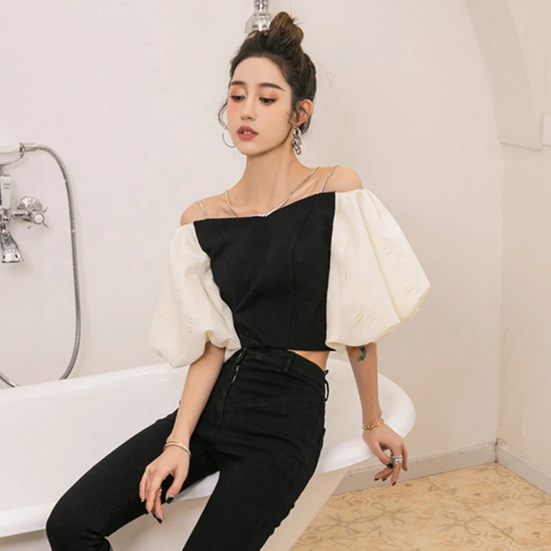 

TWOTWINSTYLE Casual Hit Color Shirt For Women Square Collar Puff Short Sleeve Patchwork Diamonds Slim Blouses Female Summer 2021