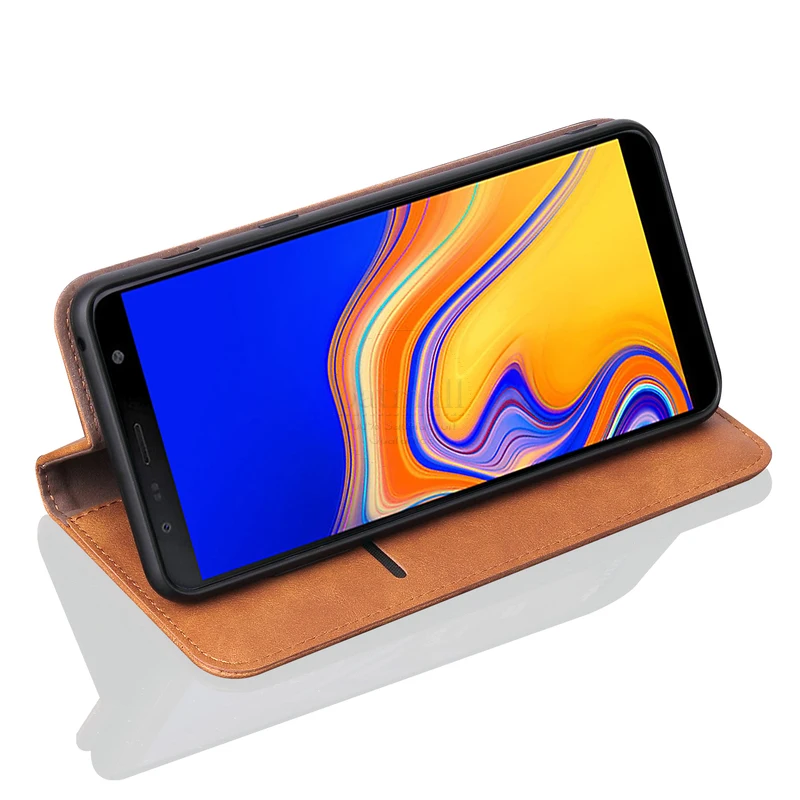 Роскошный тонкий кожаный чехол книжка в стиле ретро для Samsung Galaxy J4 Plus 2018 бумажник