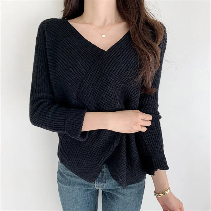 

HziriP All Match Retro V-Neck Slim Streetwear Solid Cross 2021 Sexy Tops Pullovers Loose Solid Chic Hot Fashion Warm Sweaters