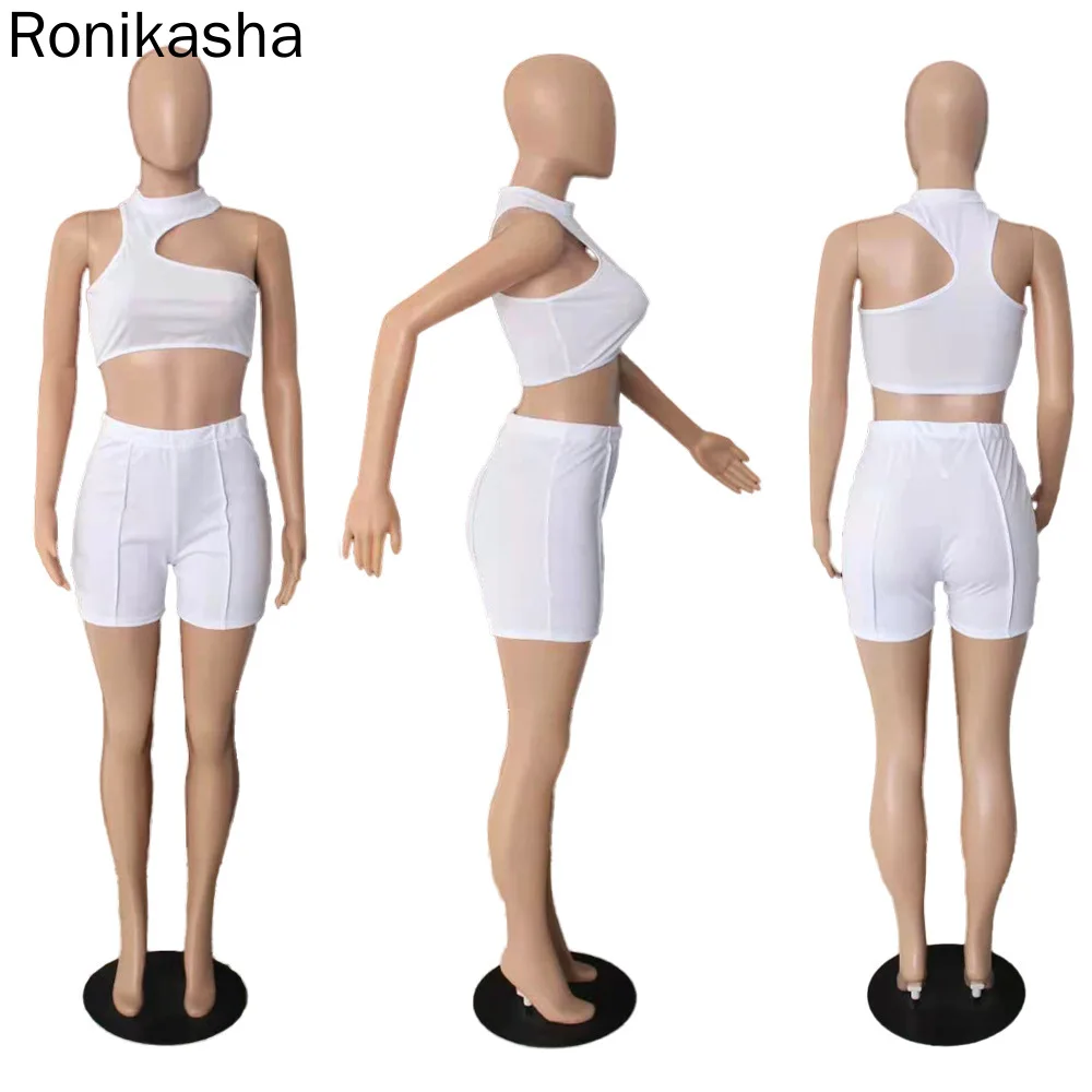 

Ronikasha Women Biker Shorts Set 2 Piece Set Summer Hollow Sexy Top Clothes+ High Waist Shorts Casual Jogger Cycling Suit