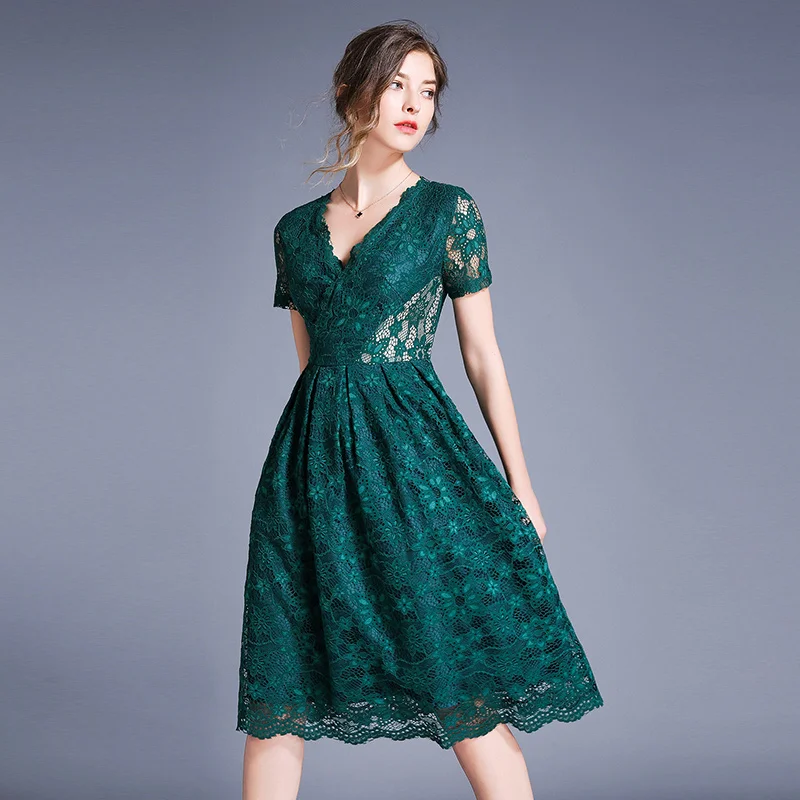 Новинка зеленое кружевное вечернее платье миди с V образным вырезом платья для
