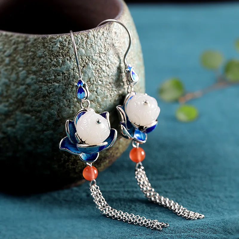 

925 Silver Accessories Women's Burnt Blue Lotus Hetian Jade Ear Pendant