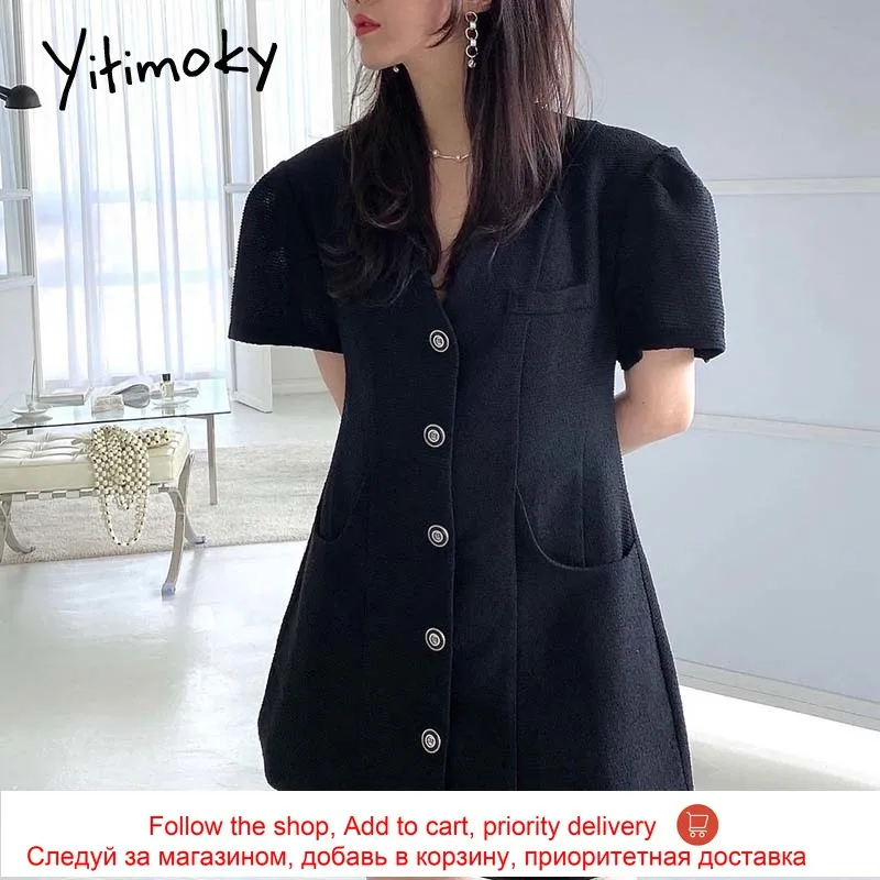 

Yitimoky Simple Women Dresses Multi-pocket Puff Sleeve 2021 Summer Fashion Korean V-Neck Single Breasted Black Short Dress