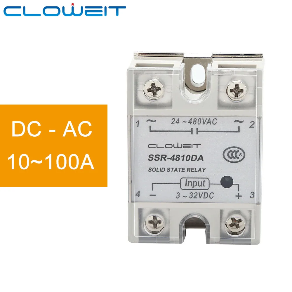 

Cloweit SSR-4810DA 10-100A DC Control AC CE Solid State Relay Input 3-32VDC Control Output 24-480VAC (SSR-DA)