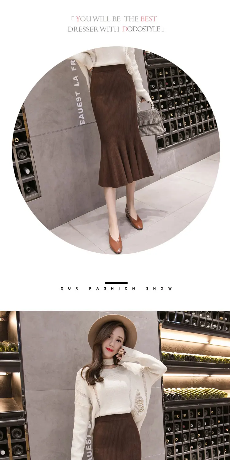 New Elegant Autumn Winter Knit Skirts Women Sweater Bodycon Mermaid Office Lady Work Wear Ruffles Skirt Chic saias faldas