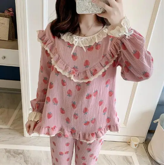 

Fdfklak Women pajamas set long sleeve cotton sleepwear pyjamas female polka dot sweet women's home wear clothes pijama mujer