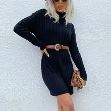 Robe ample à manches longues et col roulé pour femme, vêtement chaud tricoté, couleur unie, collection automne et hiver  (4)