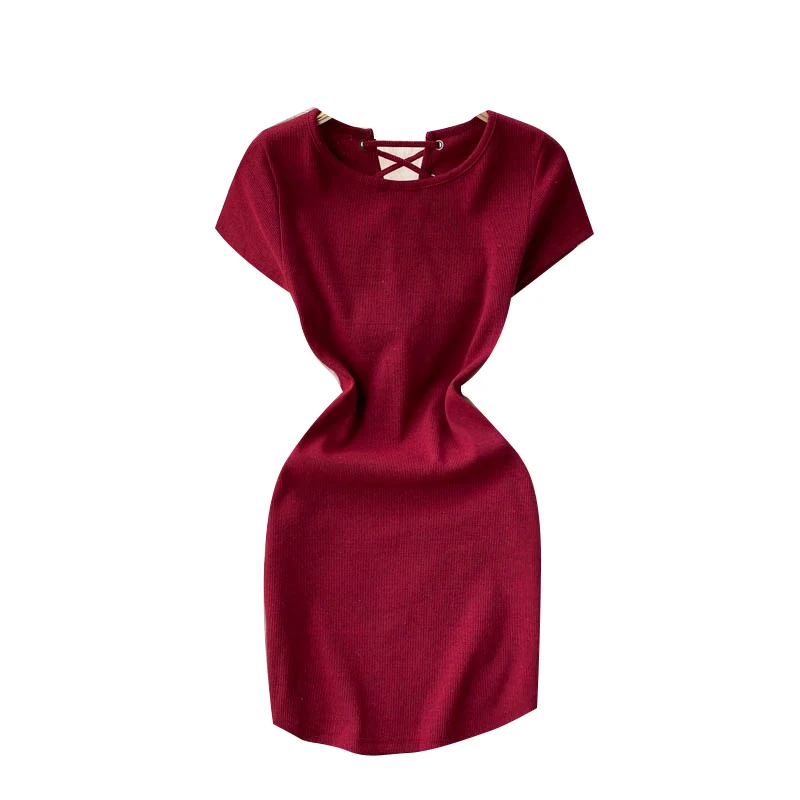 

Design Lace Up Backless Dress Women O Neck Short Sleeve Slim Pencil Dresses Summer Korean Sexy Streetwear Mini Dress