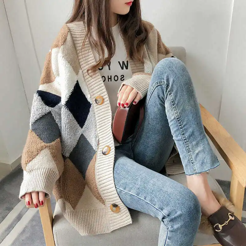 

V Neck Women Button Black Houndstooth Cardigan 2021 Long Sleeve Sweater Autumn Winter Knitted Loose Oversized Jumper Casual