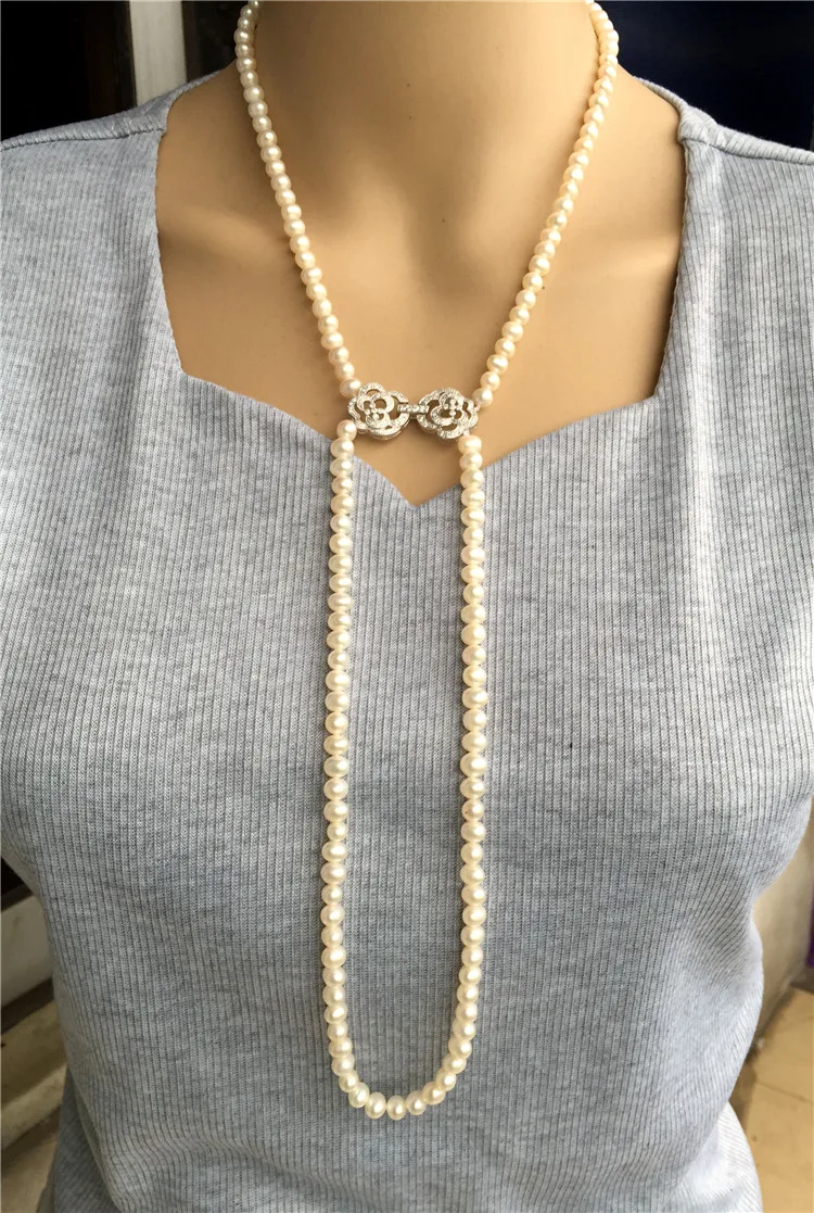 100% natural 7-8mm white freshwater pearl Hand knotted 43-48cm double necklace Rare jewelry | Украшения и аксессуары