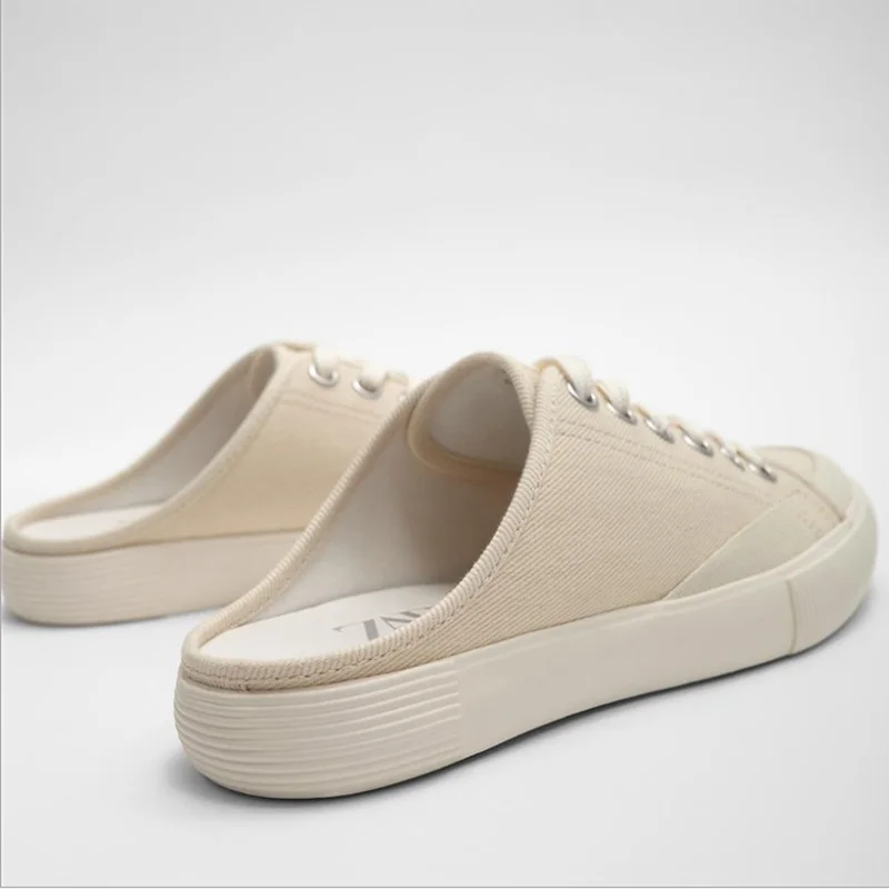 

Black Lace-up Slingback Sneakers Canvas Shoes One Pedal Casual Half Slippers Women's Shoes