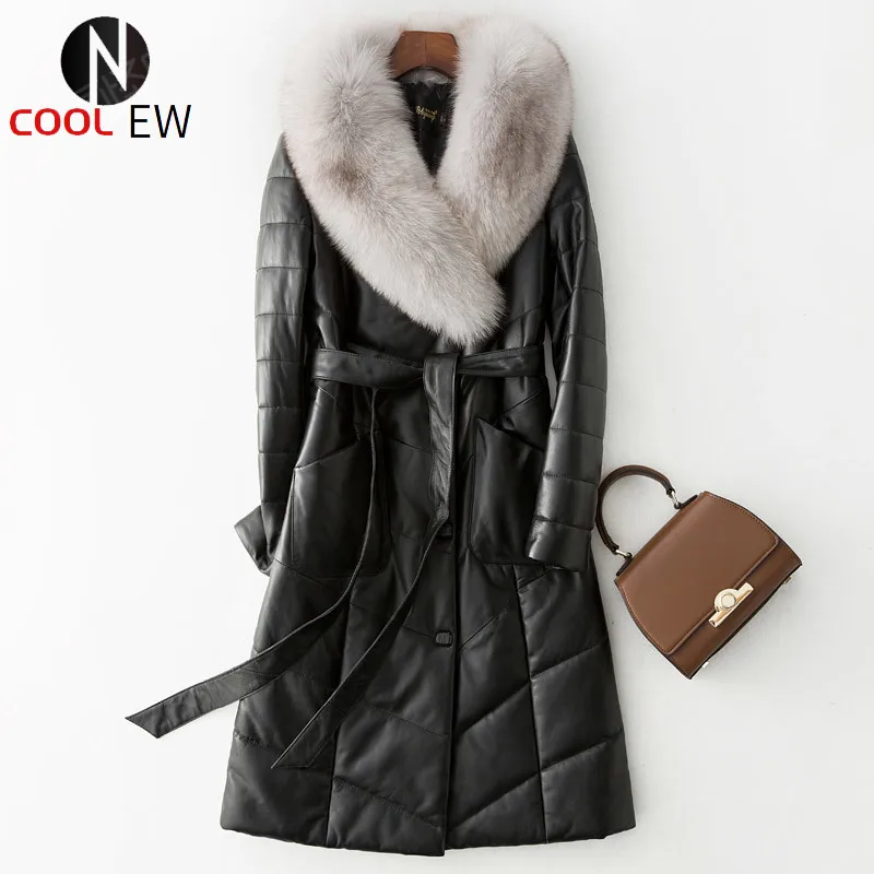 

Elegant Women Winter Real Leather Down Coat Street Fox Fur Collar Sashes Office Lady Overcoat Runway Sheepskin Coat Oversize 5XL