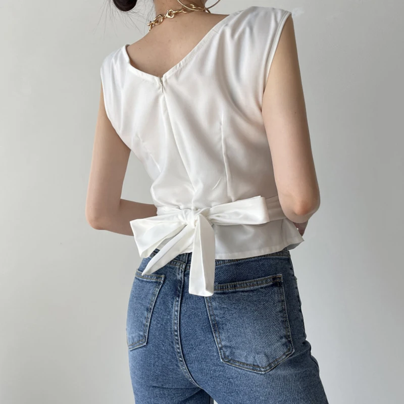 

Summer New Fashion Blouse Female Retro Slim V-neck Cross-knot Blusa Back Strap Bow Sleeveless Shirt KK200