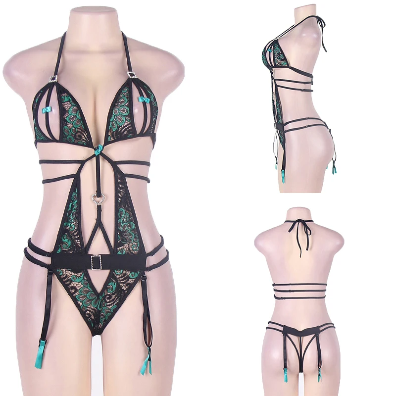 Женское ажурное нижнее белье Ohyeahlover соблазнительное зеленое Тедди с лямкой на