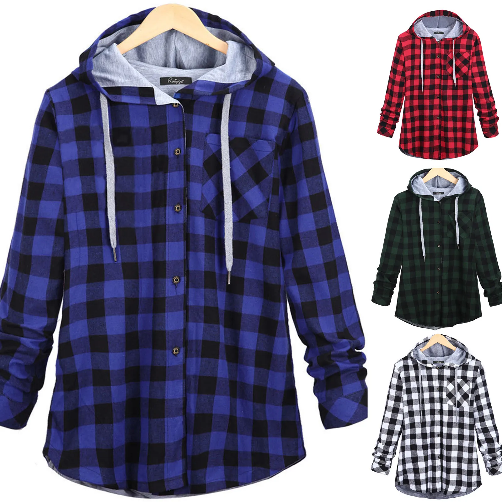 

Women Fashion Loose Hooded Drawstring Classic Long Sleeves Button Pocket Plaid Printed Shirt Top Blouse