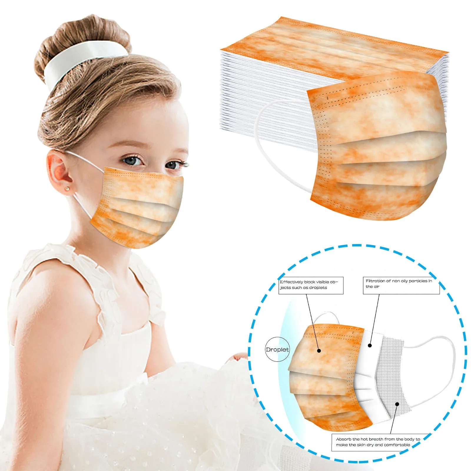 

10/50pc Fashion Disposable Mask For Kids Tie Dye Face Mask Children Kids Protection Mask 3layer Anti-dust Masks Earloop Bandage