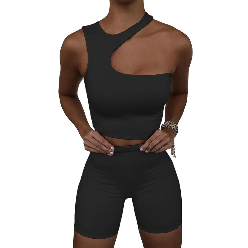 

2021 summer new product hanging neck tight-fitting sleeveless high-waist hip shorts casual sports suit