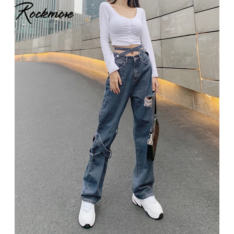 

Женские рваные джинсы Rockmore, винтажные джинсы с высокой талией и широкими штанинами, мешковатые прямые джинсы для мальчиков и мам 2020