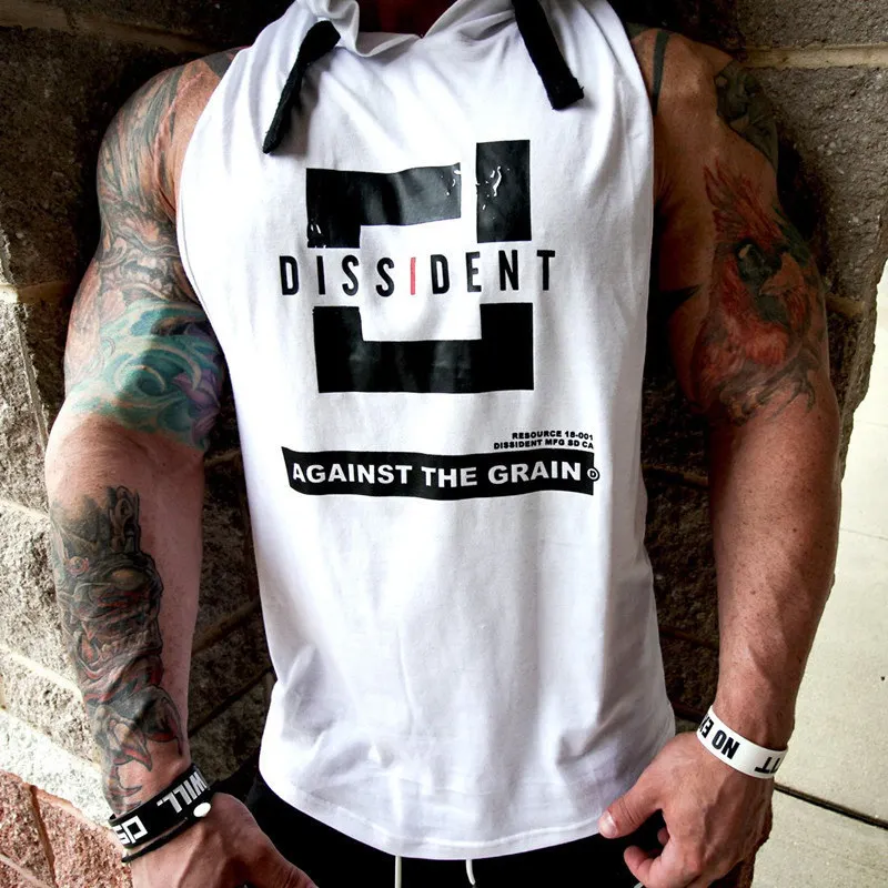 

New men's sports hooded running vest sleeveless cotton printed sports hoodie gym sports vest running vest top