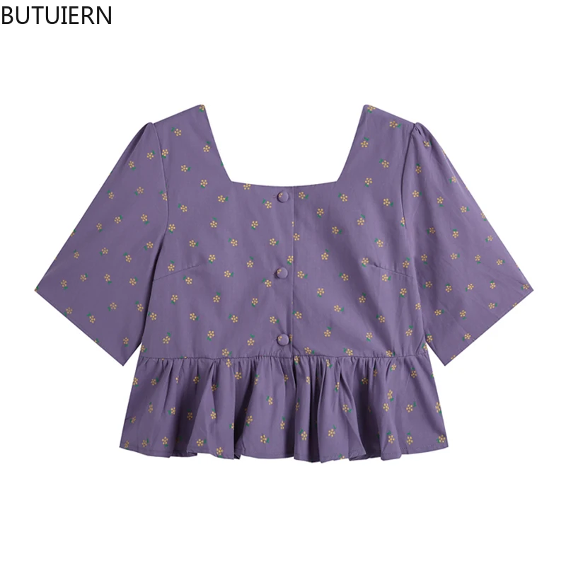 

Purple Tops Cardigan Crop Shirts Blouses Women's Short Sleeve Summer Hem Pleated Retro Rok Leisure Ulzzang Square Collar Blusas