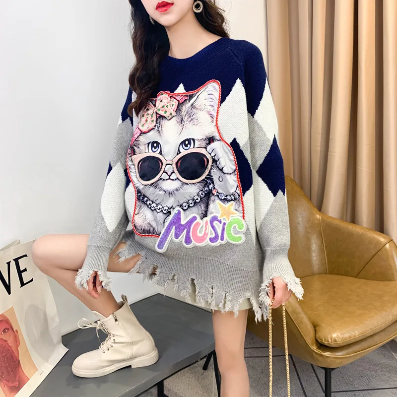 

2021 Autumn Winter New Cute Cat Loose Sweater Dress Women's Pullover Korean Version Tops