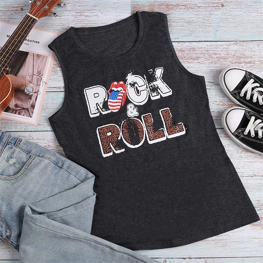 

Rock&Roll Print Tank Women Tank Tops Summer Sleeveless Top Lady O-neck tshirt 2020 New Tank Top Women Letter Print Tees Female