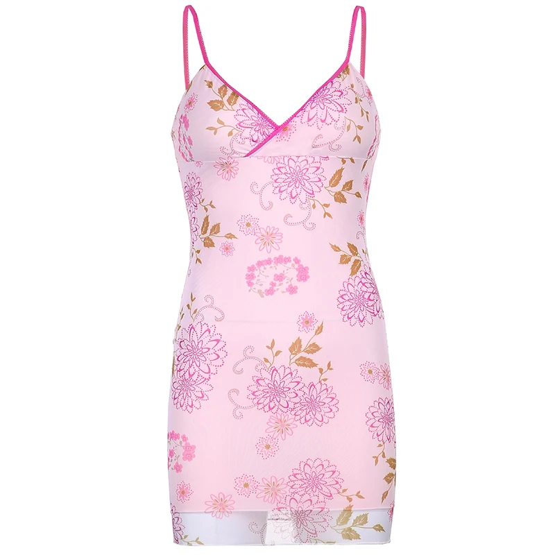 

Floral Print Y2K Cute Summer Mini Pink Dresses Women Korean V-neck Two-layers Bodycon Dress Aesthetic 90s Outfits Cuteandpsycho