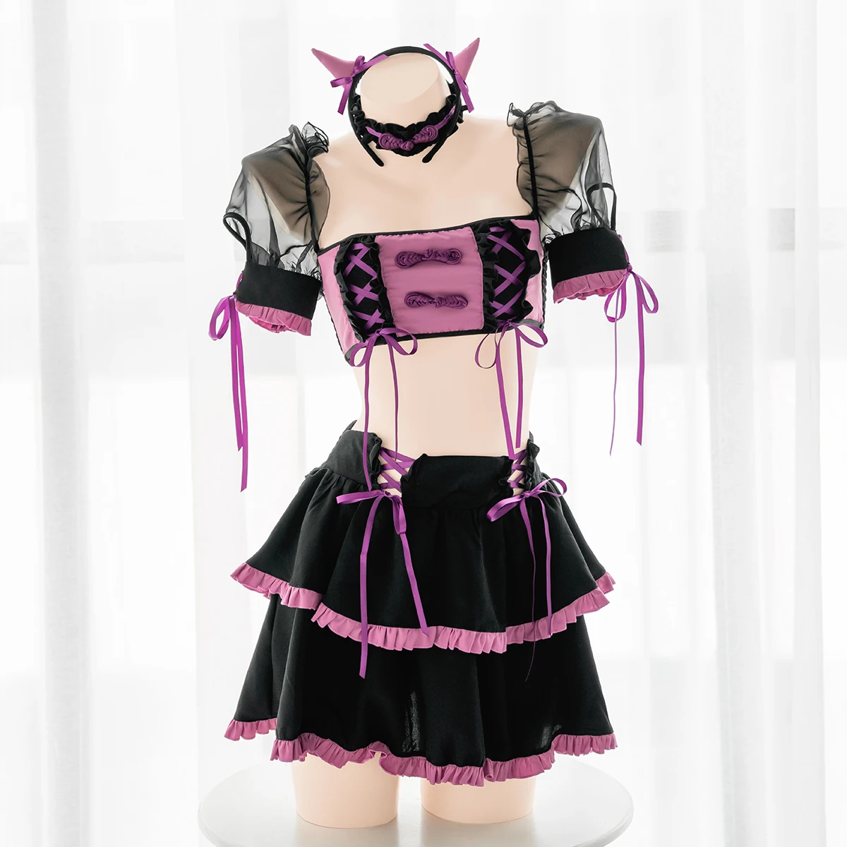 

New Retro Devil Style Little Witch Wrapped Chest Short Skirt Cute Ribbon Lace Dress Costume Witch Halloween Costume Cosplay Set
