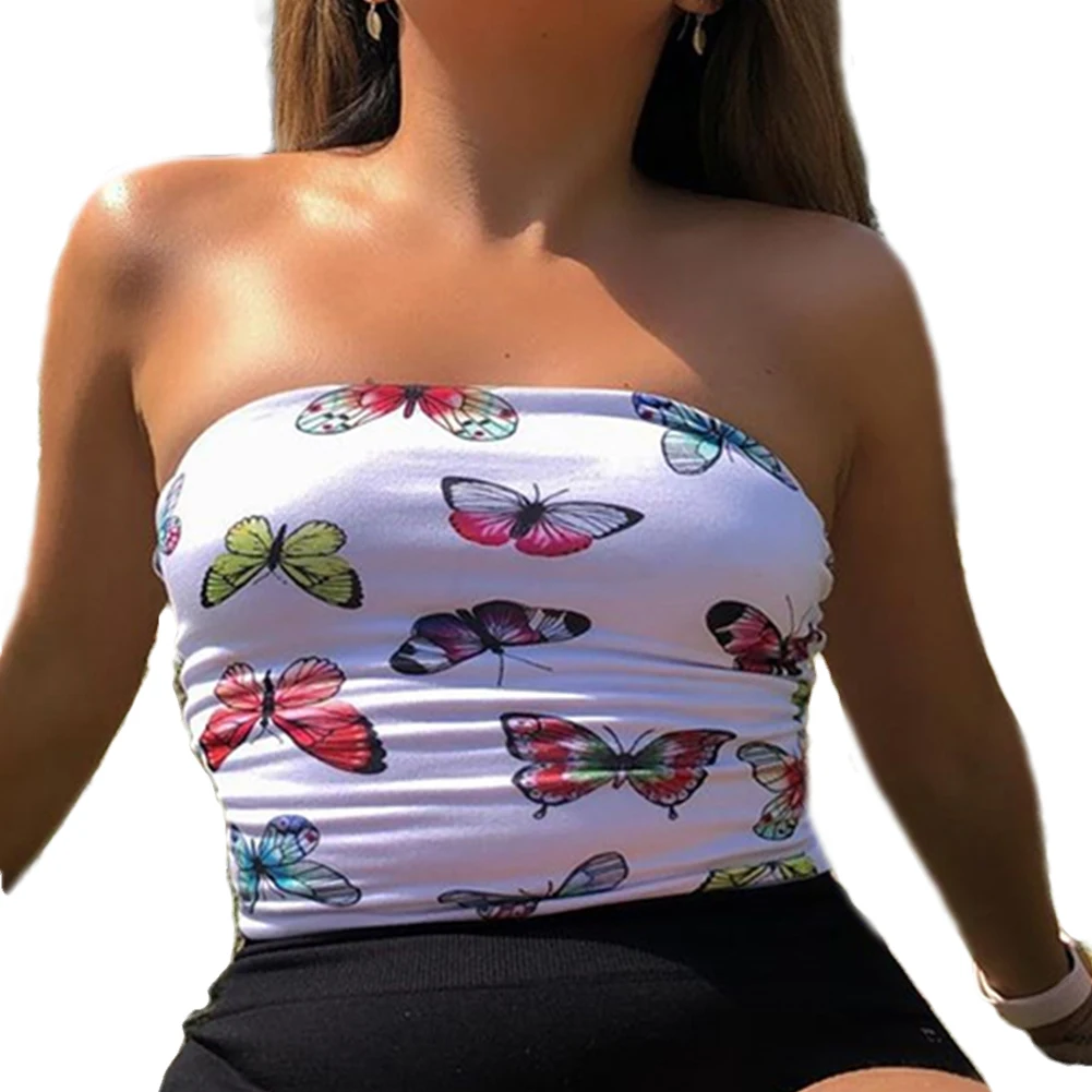 

Women Tops Summer Womens Off Shoulder Tops Butterfly Pattern Print Strapless Bandeau Tee Shirt Ladies Tops Casual Clothes