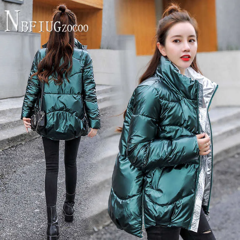 

2020 Autumn Winter New Thick Shiny Women Parkas Zipper Windproof Female Coat