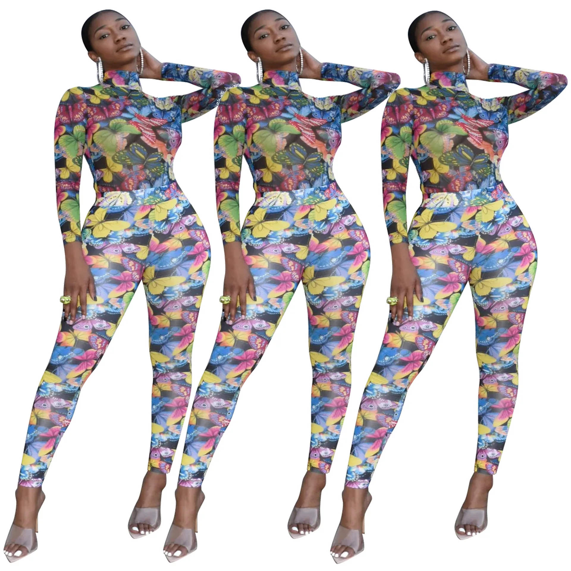 

Autumn Women's Butterfly Pattern Round Neck Young Fashion Sports and Leisure 2-piece Set Spring Trousers Slim Tight Sexy Suit
