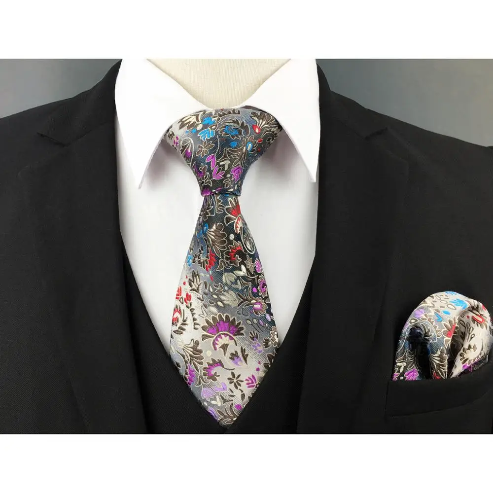 P12 Floral Pattern Multicolor Mens Tie Pocket Square Set Silk Wedding Extra Long Neckties Fashion Party