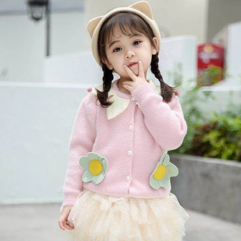 Свитер для маленьких девочек с цветочной аппликацией детская верхняя одежда на