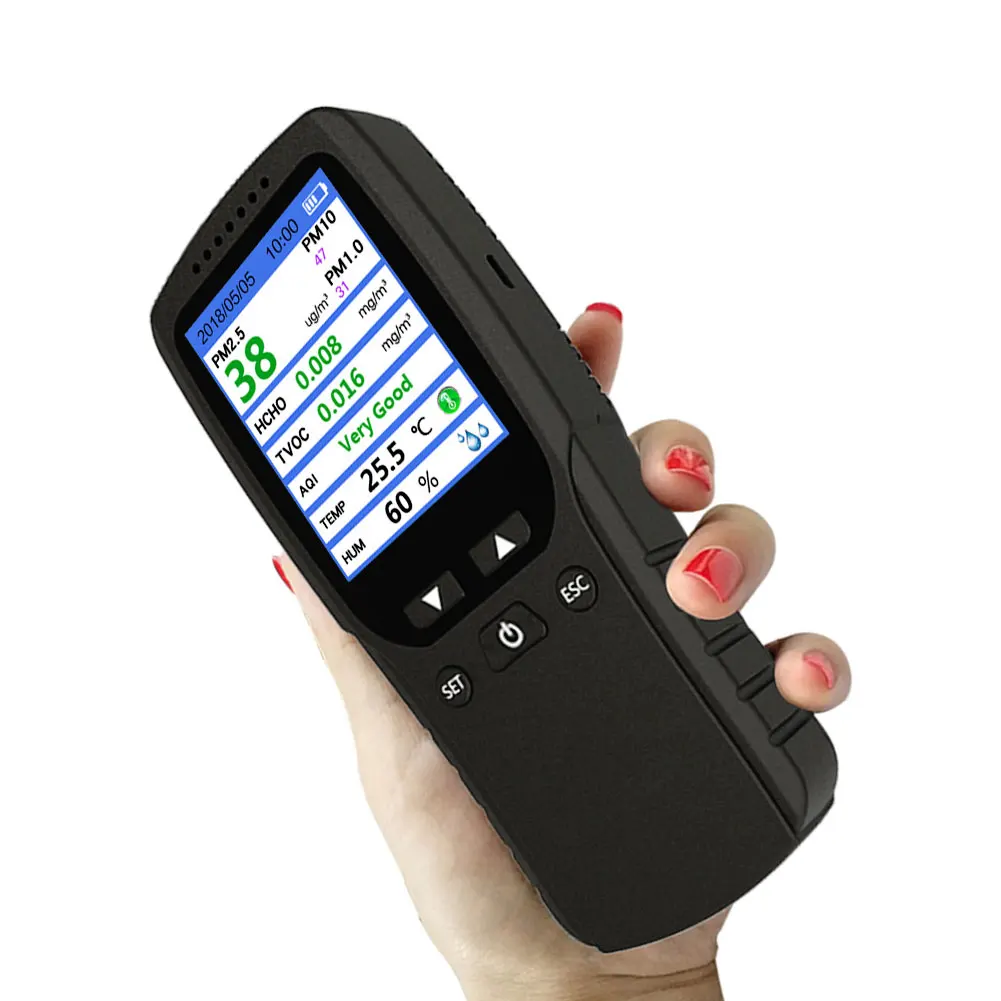 

9 в 1 детектор качества воздуха HCHO, TVOC, AQI, твердые частицы для PM1.0/PM2.5/ PM10, измеритель температуры, влажности в режиме реального времени