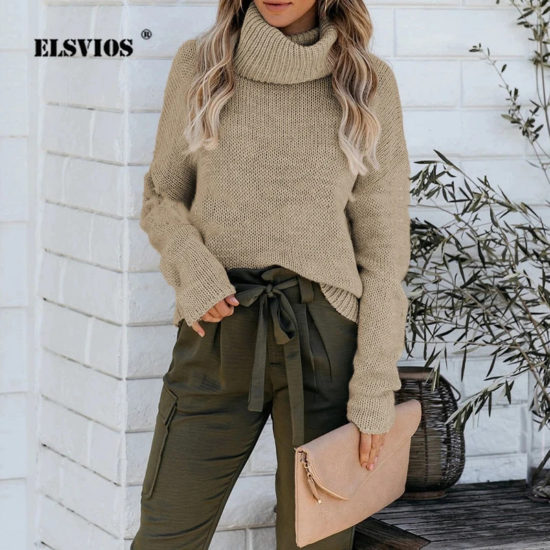 Женский трикотажный свитер с высоким воротником однотонный Повседневный