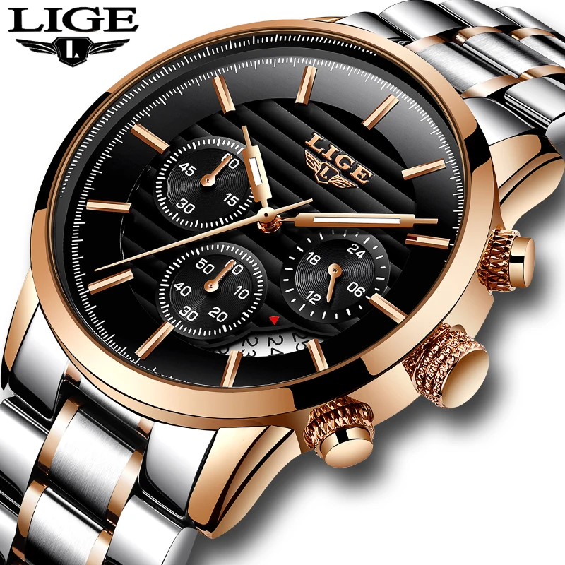 Часы наручные LIGE Мужские кварцевые с хронографом брендовые Роскошные спортивные