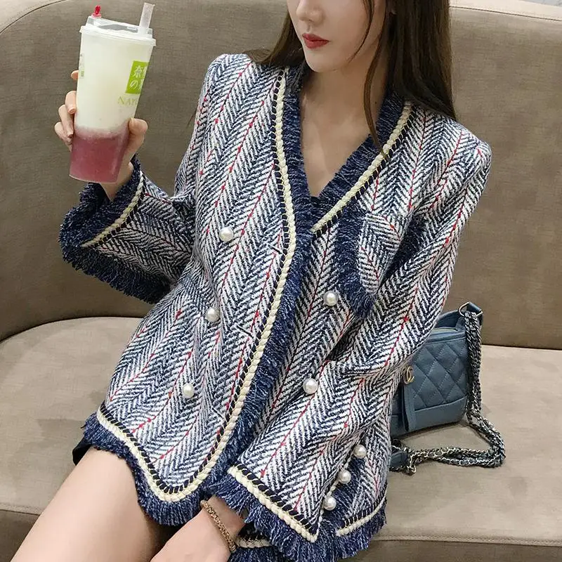 Harajuku Blue White Striped Tweed Jacket 2019 Winter Women Long Sleeve V Neck Elegant Overcoat Bead Pearls Tassels Cardigan Coat | Женская