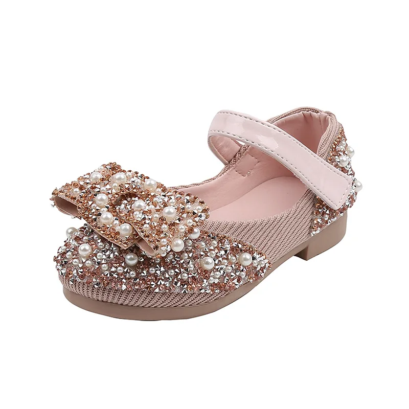 Zapatos de cuero de fiesta para niñas pequeñas de 1, 2, 3, 4, 5, 6 años, zapatos planos de princesa, zapatos de cuentas de diamantes de imitación