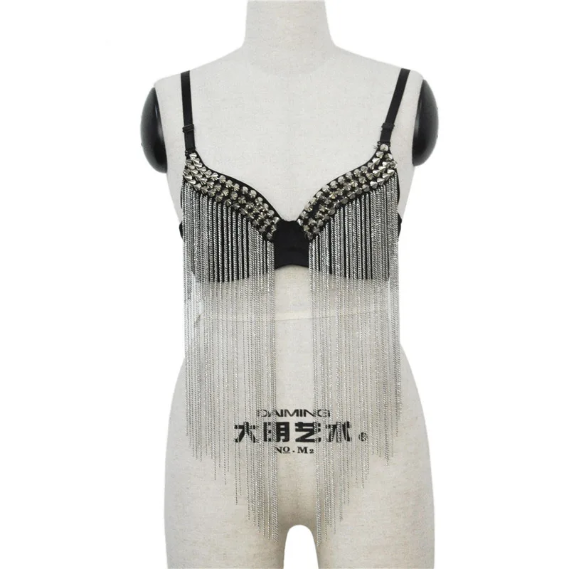 

Silver Long Chain Tassel& Rivet Rave Punk Rock Bralette Top Brassiere Femme Sexy Push Up Bra For Women Nightclub Pole Dance Wear