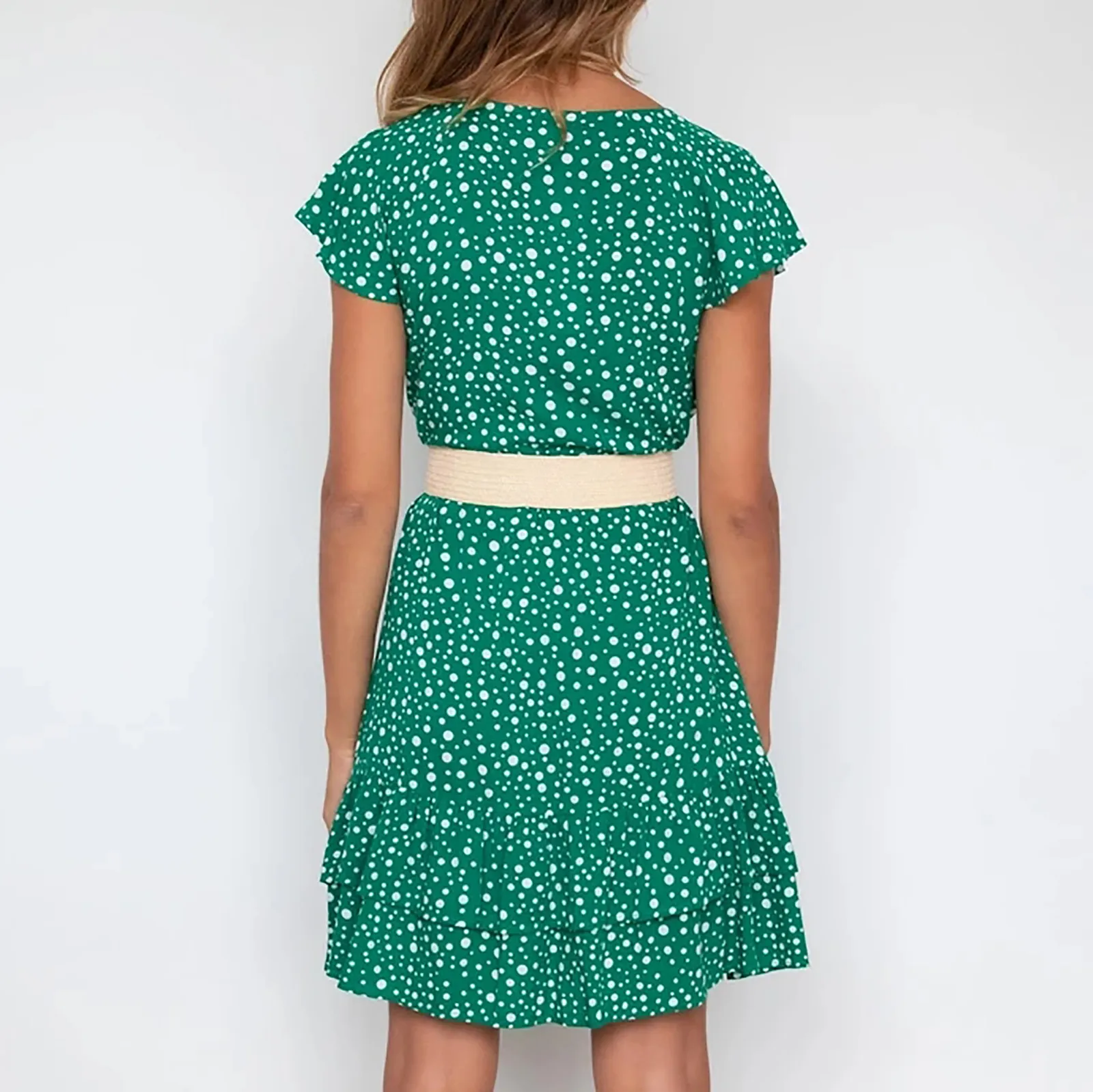 

Womens Summer Dress Fashion Elegant Sexy Dress Short Sleeve V-Neck Dot Print Buttons Short Dress 2021