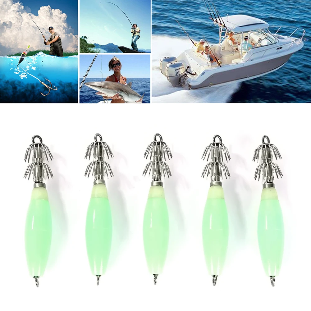 

5pcs Glow in Dark Luminous Fishing Lures Baits Squid Jigs Hooks Light Green Fishing Lure Hook Bait Fishhook fishing lures