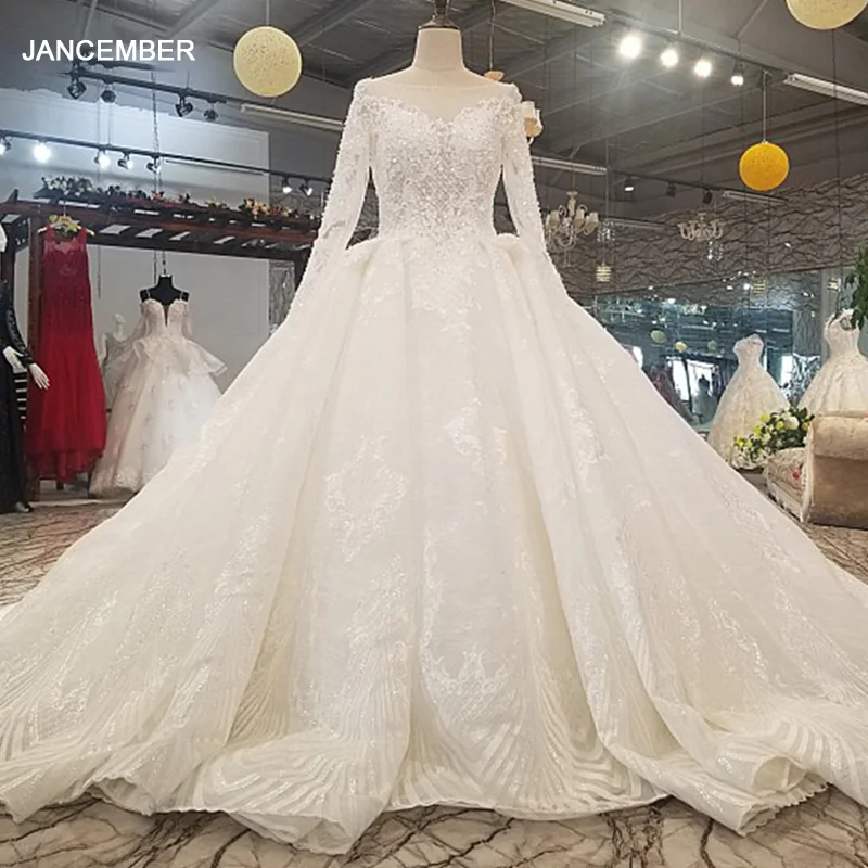 LS6111 чистое Новое свадебное платье с длинным прозрачным рукавом бальное высокое