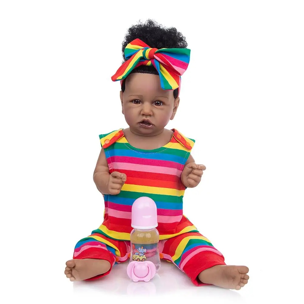 

57cm Reborn Dolls Baby 100% silicone Colorful Dress Black Fur Rooted Hair Kids Gift