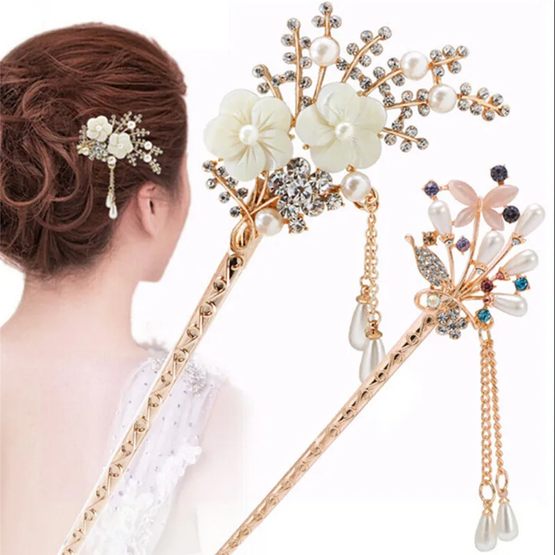 

Flower Hair Forks Retro Style Long Tassels Hairpins Clips Wooden Hair Sticks Pearls Bead Step Shake Chinese Wedding Bride