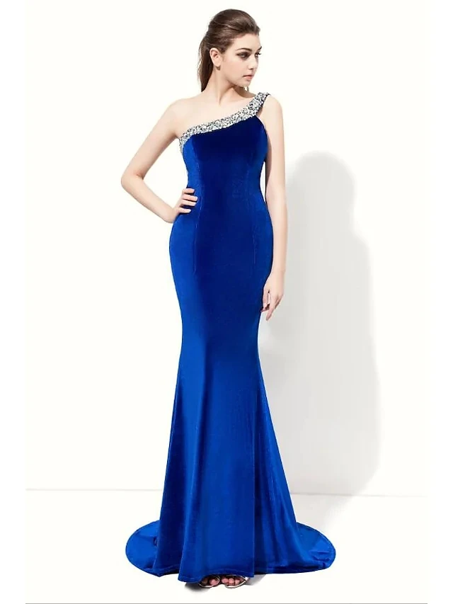 Женское вечернее платье-русалка длинное синее бархатное платье с одним открытым